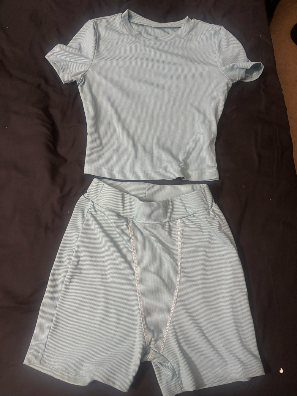 Ribbed Light Blue Short Sleeve Crop Top & High-Waist Shorts Set